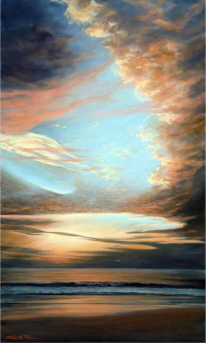 Light overpowers darkness as the heavens open over the Atlantic Ocean in this oil painting, Reawakening